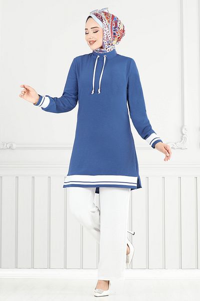 ModaMerve Rib Detail Hijab Suit 2688Sl890-M Indigo&Ecru