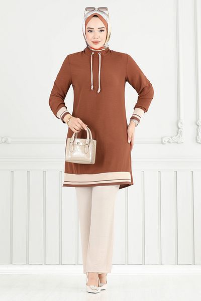 ModaMerve Rib Detail Hijab Set 2688Sl890-M Taba&Taş