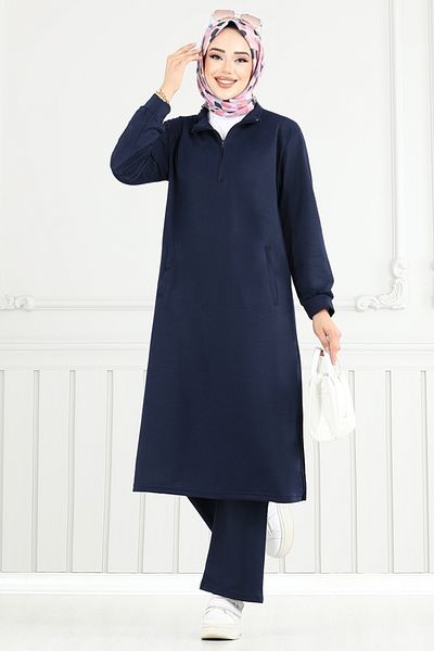 ModaMerve Half Zipper Hijab Suit 6036Uz1029-M Navy