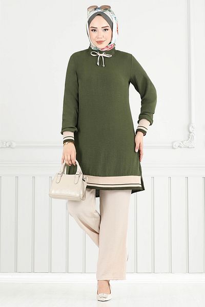 ModaMerve Rib Detail Hijab Set 2688Sl890-M Khaki&Stone