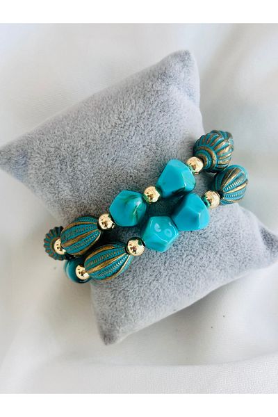 COCOSH TAKI Turquoise Color Gold Detailed Multi-Combination Bracelet