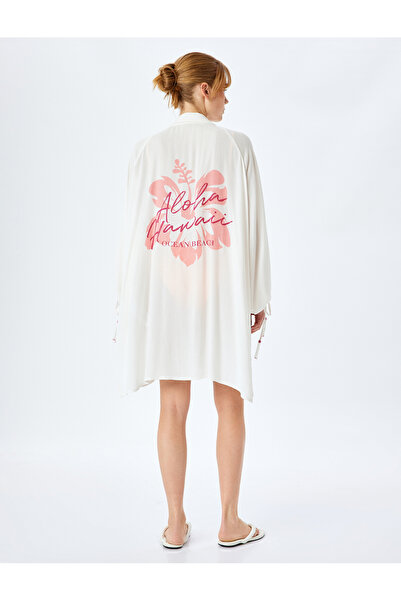 Koton Düğmeli Uzun Kollu Arkası Baskı Detaylı Viskon Plaj Elbisesi