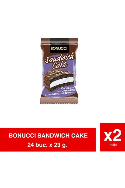 Bonucci Sandwich Cake – Prăjitură cu cacao, glazură de ciocolată și cremă marshmallow 23g x 24 x 2