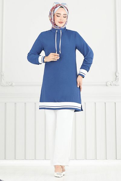 ModaMerve Rib Detail Hijab Suit 2688Sl890-M Indigo&Ecru