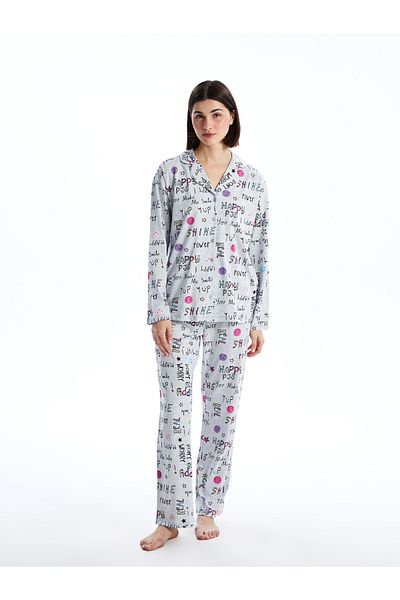LC Waikiki Gemustertes Damen-Pyjama-Set mit Hemdkragen