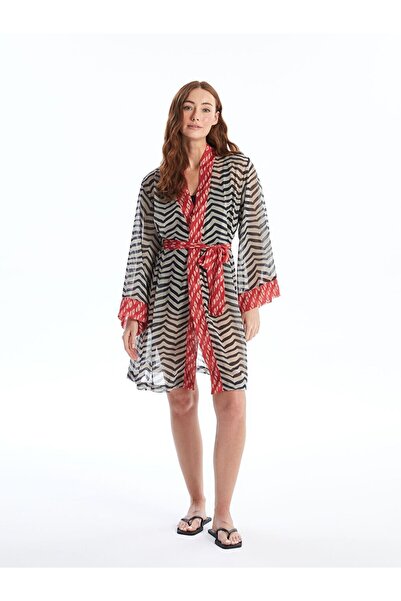 LC Waikiki Bej Şal Yaka Desenli Uzun Kollu Kadın Kimono