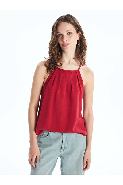 LC Waikiki Piros, halter nyakú, sima lenvászon keverék női blúz