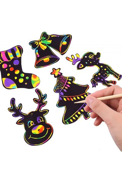 OEM Set of 48 Christmas paper with ribbons and 24 scratch-off pencils, paper/wood/ribbon, multicolor