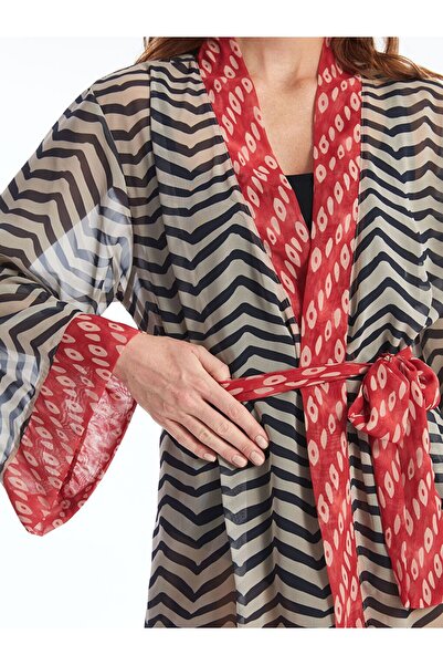 LC Waikiki Bej Şal Yaka Desenli Uzun Kollu Kadın Kimono