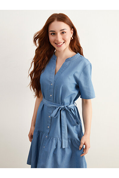 LC Waikiki Mini Jean Dress with Peaked Collar and Belt