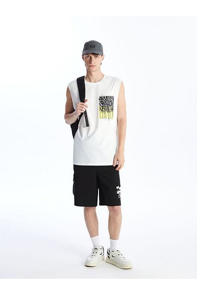 LC Waikiki Ecru Crew Neck Printed Combed Cotton Men's Sleeveless T-Shirt