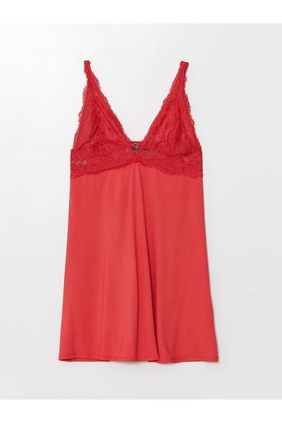LC Waikiki Women's Fancy Nightdress with V-Neck Lace Detail and Strap