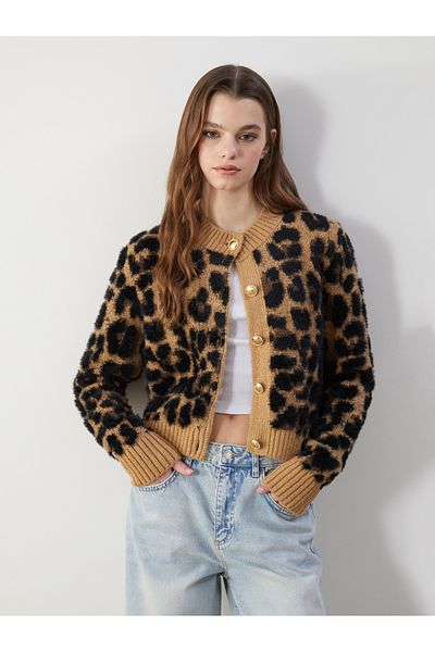 LC Waikiki Γυναικεία πλεκτή ζακέτα με λαιμόκοψη Leopard σχέδιο