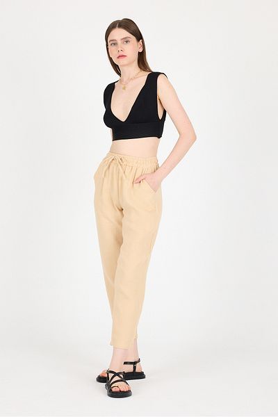 Rays Beige Muslin 100% Cotton Elastic Waist Trousers 8055A