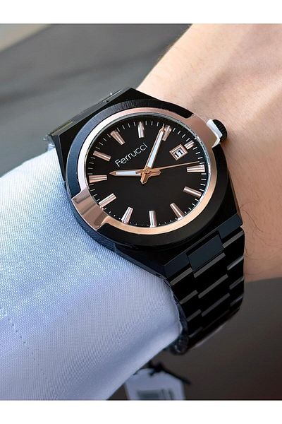 Ferrucci Men's Black Metal Cord Calendar Wrist Watch