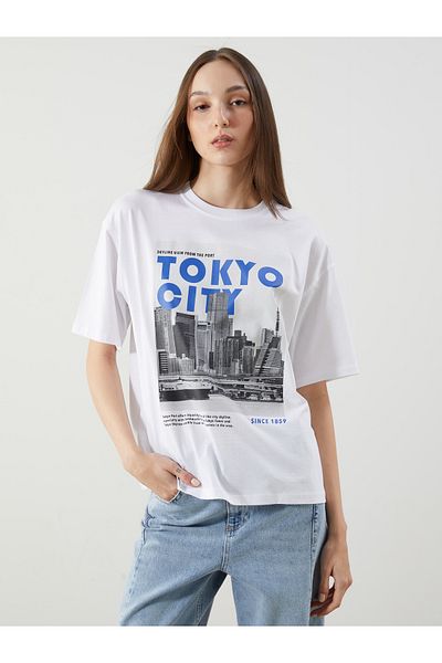 LC Waikiki Tricou oversize pentru femei cu decolteu rotund Tokyo imprimat