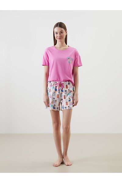 LC Waikiki Bedrucktes Damen-Pyjama-Set mit Rundhalsausschnitt und Shorts