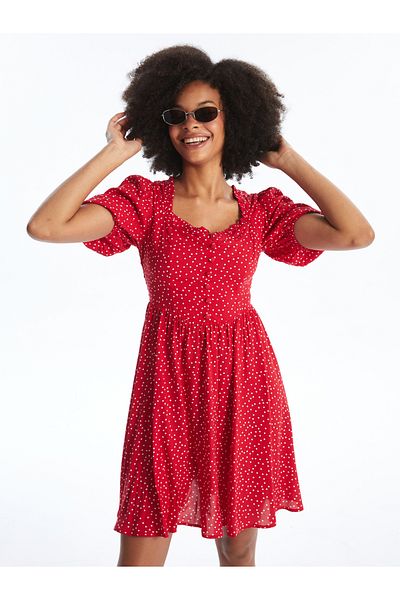 LC Waikiki Heart Collar Polka Dot Short Sleeve Women's Dress