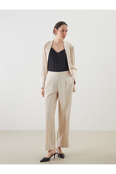 LC Waikiki Striped Women's Pleated Trousers with Elastic Waist