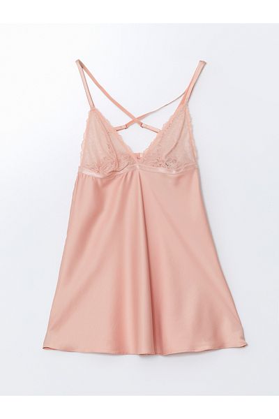LC Waikiki Ausgefallenes Damen-Nachthemd aus Satin mit V-Ausschnitt und Spitzendetail
