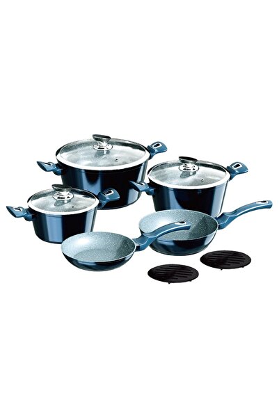 Chefline طقم أواني طهي من الألومنيوم المزور، أزرق، 10 قطع أواني ومقالي غير لاصقة مطلية بالرخام الأزرق