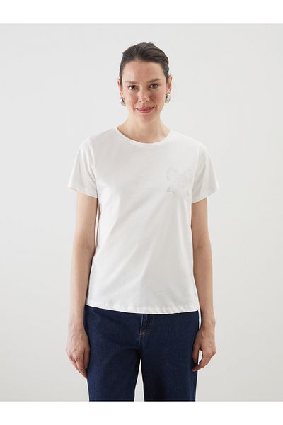 LC Waikiki Γυναικείο T-Shirt με λαιμόκοψη με πέτρες