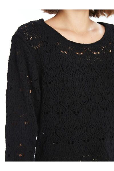 LC Waikiki Tricotaj pentru femei cu mânecă lungă guler rotund tricotaj cu aspect dantelat negru