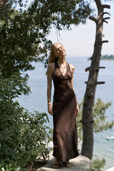 BOHEMAİ Guilia Low-Cut Long Brown Satin Dress