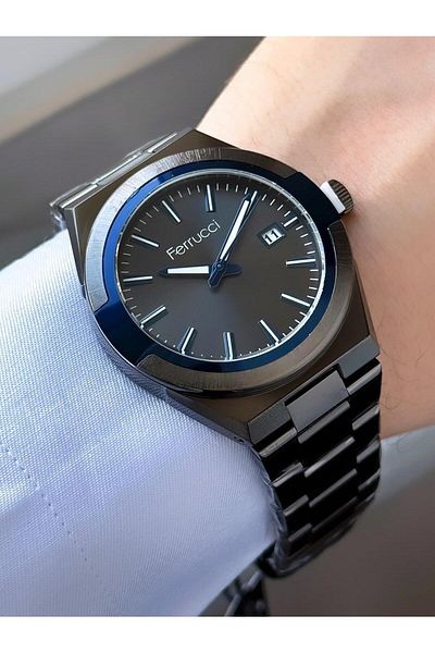 Ferrucci Men's Black Metal Cord Calendar Wrist Watch