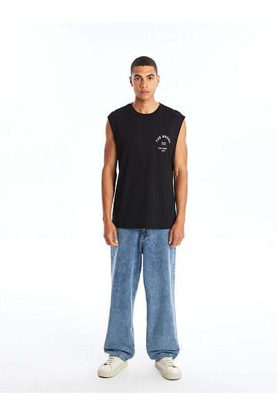 LC Waikiki Black Crew Neck Printed Combed Cotton Men's Sleeveless T-Shirt