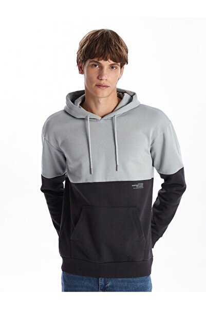 LC Waikiki Γκρι μακρυμάνικο αντίθεση χρωμάτων ανδρικό χοντρό φούτερ με κουκούλα