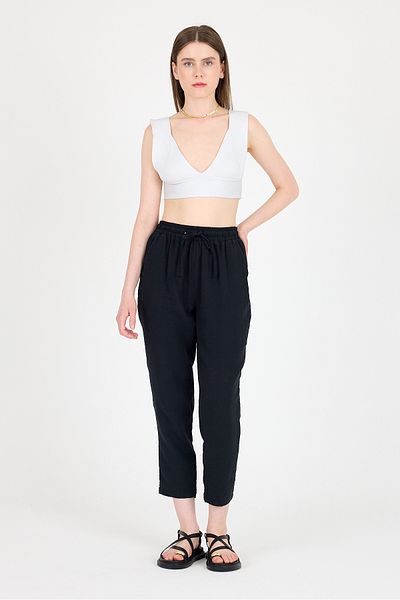 Rays Black Muslin 100% Cotton Elastic Waist Trousers 8055A