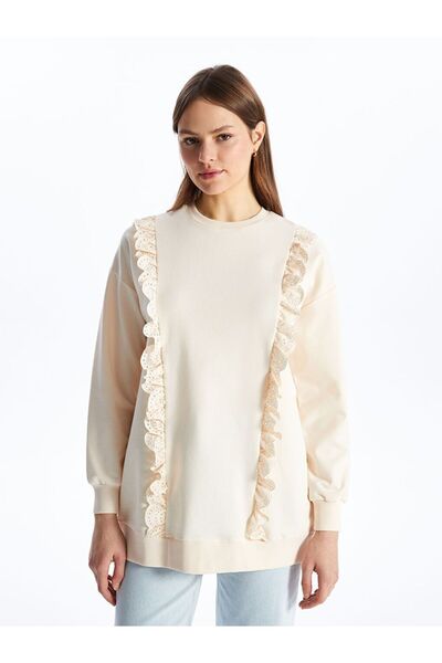 LC Waikiki Ecru guler rotund Tunica de damă cu mânecă lungă brodată tricou