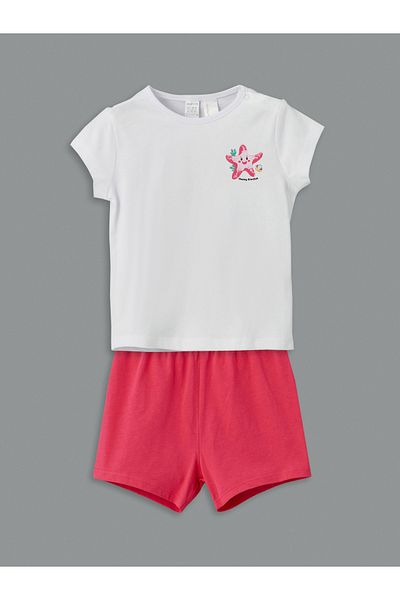 LC Waikiki Crew Neck Printed Baby Girl T-Shirt and Shorts 2-Piece Set