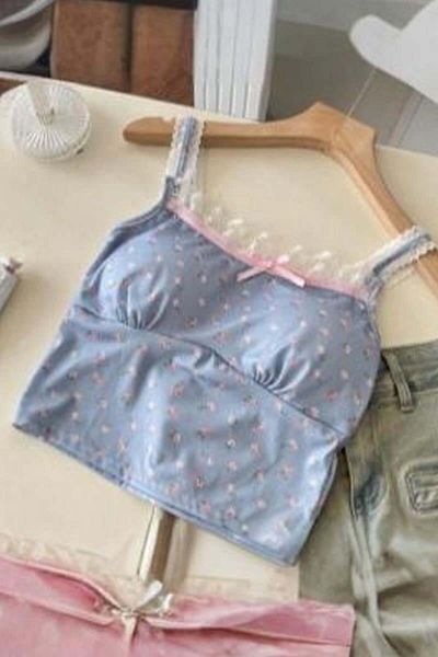 Karakedi Blue Floral Patterned Gloplu Lace Detailed Y2K Strap Crop