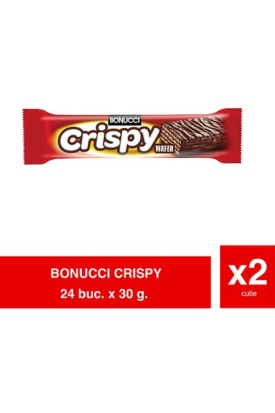 Bonucci Crispy – Napolitane cu glazură de ciocolată și cremă de ciocolată 30g x 24 x 2 pachete