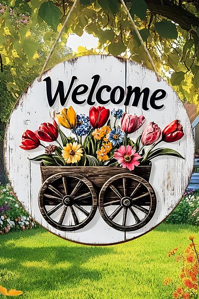 kutuTR Mdf "Welcome" Door Panel with Daisy Pattern – 20 cm 🌿   Wooden Look Decor Ks004