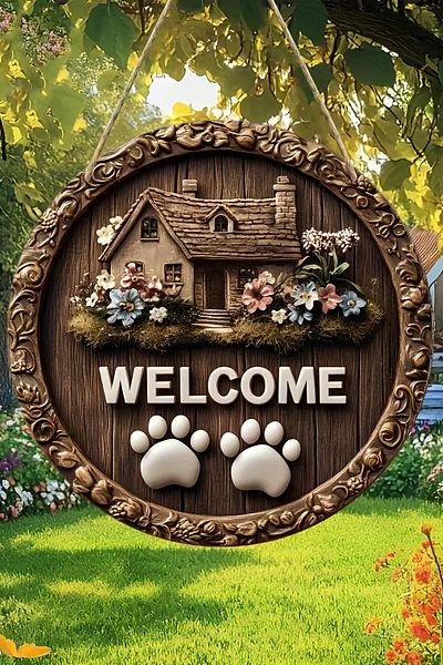 kutuTR 🐾   Welcome – Pati İzi and Garden House Themed Mdf Door Ornament 🌸   Ks006