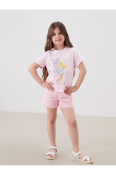 LC Waikiki Pink Crew Neck Barbie Printed Girl's T-Shirt