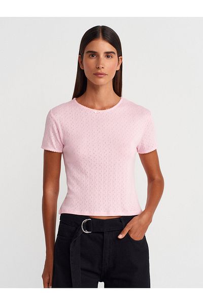 Dilvin 31795 Bow Detailed Short Sleeve Contrast T-Shirt-Powder Pink