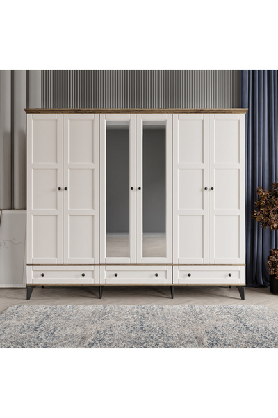 comiet Toprak 6 Kapaklı Aynalı Çekmeceli Mdf Gardırop