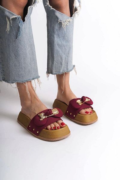 Joy Ayakkabı Dila thick and orthopedic sole bear satin women's slippers skt - burgundy