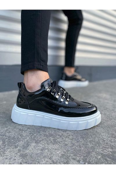 Joy Ayakkabı Jy010 Cloud Lace-Up Patent Leather Men's Casual Sneaker Shoes Rbt - Black