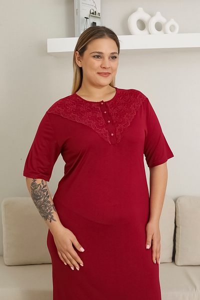 ERDENİZ TEKSTİL Lace Collar Button Plus Size Solid Color Mother Nightgown