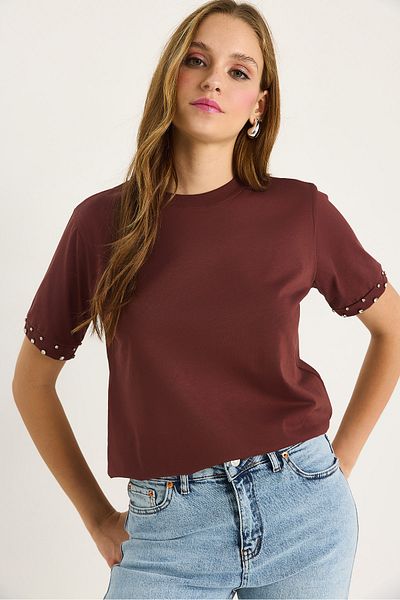 Bianco Lucci Women's Sleeves Stone Embroidered Tshirt 60602002