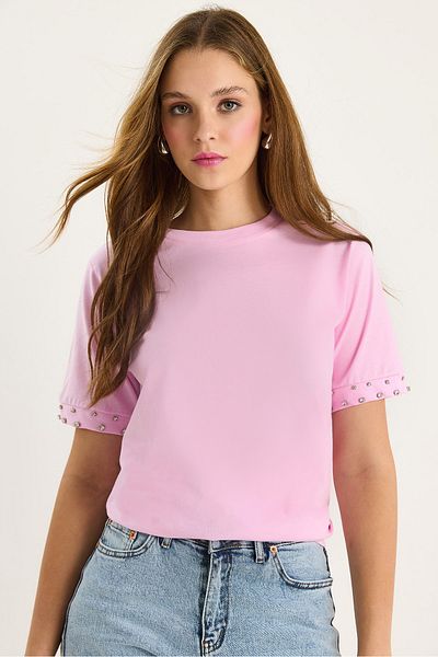 Bianco Lucci Women's Sleeves Stone Embroidered Tshirt 60602002