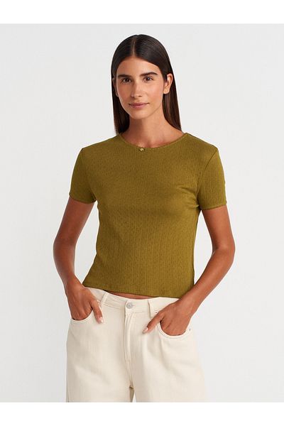 Dilvin 31795 Bow Detailed Short Sleeve Contrast T-Shirt-Dark Green