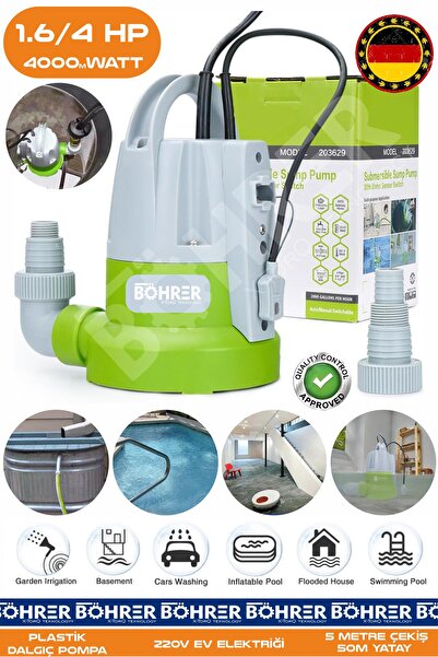 BÖHRER 1/4 HP 400W Plastik Temiz Su Dalgıç Pompası | 5m Dik-50m Yatay | 4800L Yüksek Debi - Sessiz Çalışma