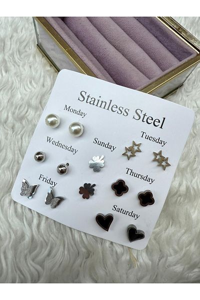 BY YASİN TOPÇU Weekly Style Set – Set of 7 Stainless Steel Steel Earrings
