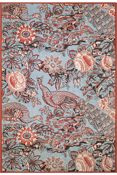 Cool Halı Flora Mavi Tavus Kuşu Çiçek Desen Vintage Halı Dekoratif Yıkanabili...